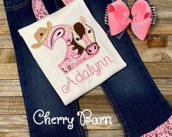 Girls Pink Cowgirl Horse Birthday Shirt / Farm / Bandana / Barn / Western Shirt or Outfit with Denim Jean Ruffled Pants - FREE SHIPPING