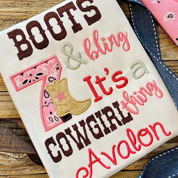 Pink Boots and Bling It's a Cowgirl Thing Birthday Shirt / Farm Party Bandana Shirt or Outfit with Denim Jean Ruffled Pants - FREE SHIPPING