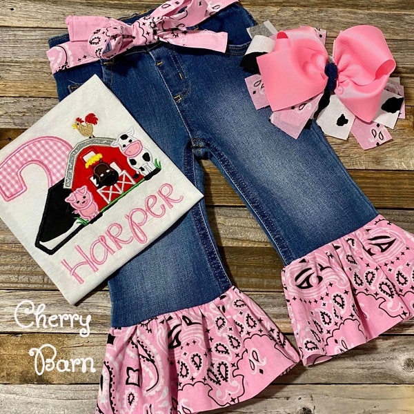 Girls Pink Cowgirl Birthday Shirt / Farm / Barn / Animals / Western Shirt or Outfit with Denim Jean Ruffled or Cow Pants - FREE SHIPPING
