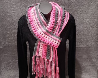 Crochet pink scarf, scarf for her, Christmas or birthdaygift for her, handmade women's scarf with  fringe, pink crocheted pink fringed scarf