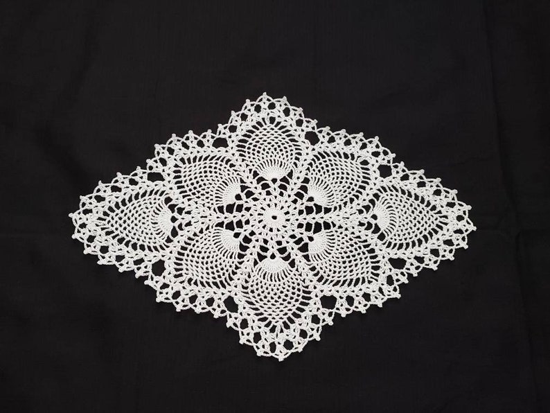 Crocheted vintage style oval pineapple doily White