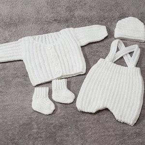 Baby boy&#39;s christening set Baby Boy Christening or Baptism Outfit 0-3 Months Crochet Sweater, Pants with Suspenders, Cap, Booties