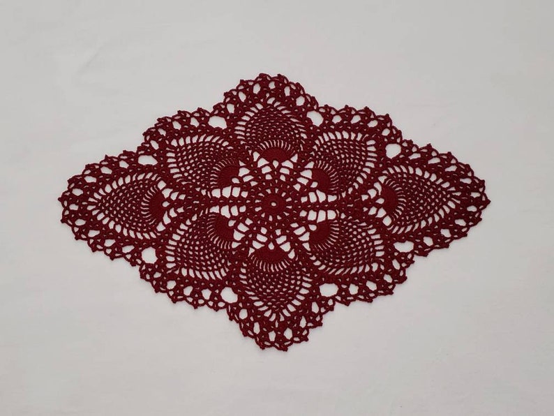 Crocheted vintage style oval pineapple doily Burgundy red