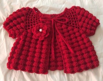 Baby girls sweater, crocheted red sweater, crochet Christmas outfit for 3 to 6 Months old baby girl