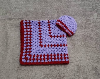 Crochet Granny Square Blanket with matching beanie for Babies