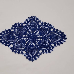Crocheted vintage style oval pineapple doily Blue
