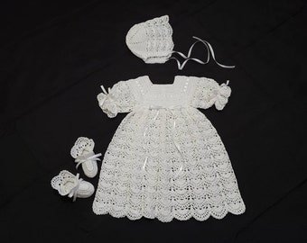 Baby Christening gown,Crocheted Girls White Cotton Christening Gown with Bonnet and Booties Set - Baby or Infant Girl's Christening Dress