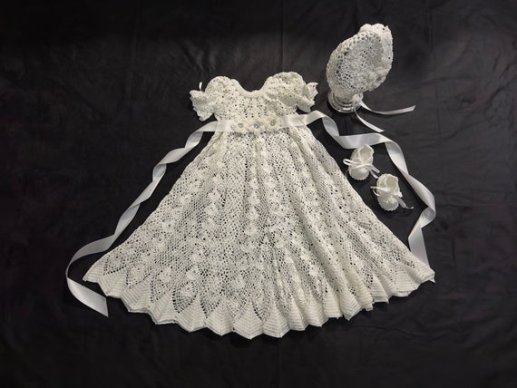 white cotton christening dress Baby Christening gown,Crocheted Girls White Cotton Christening Gown with Bonnet and Booties Set