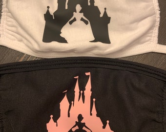 Máscara facial inspirada en Disney Castillo Cenicienta Príncipe Encantador Vacaciones lavables Tamaño para adultos y niños