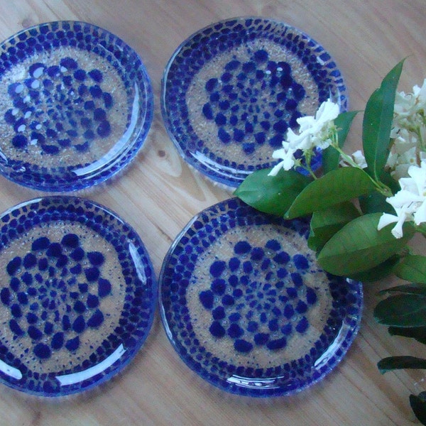 Four Piece Sets of Cobalt Blue Flower Garden Coaster, Fused Glass Coasters, Doily Coasters