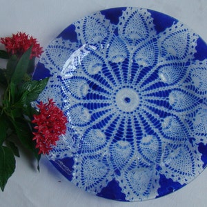 Veronica in cobalt blue or dark aqua,Fused Glass Serving Plate/Charger, Wall Decor Glass Plate, Cobalt Blue Glass Plate
