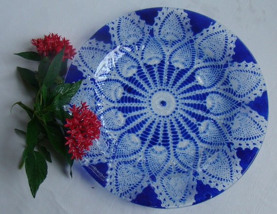 Veronica in cobalt blue or dark aqua,Fused Glass Serving Plate/Charger, Wall Decor Glass Plate, Cobalt Blue Glass Plate