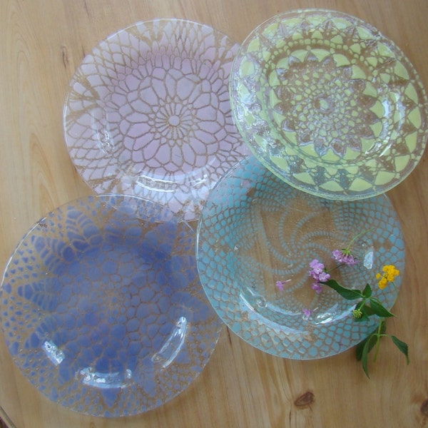 Eclectic Pastel Dessert Plate Set II, Fused Glass Plate Set, Sea Glass Doily Plates, Elegant Dessert Plates