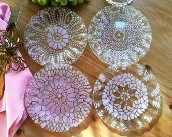 Small Rose Quartz Dessert Plates set of four, Frosted Doily Party Plates, Pink Glass, Small Glass Dessert Plates, Free Shipping