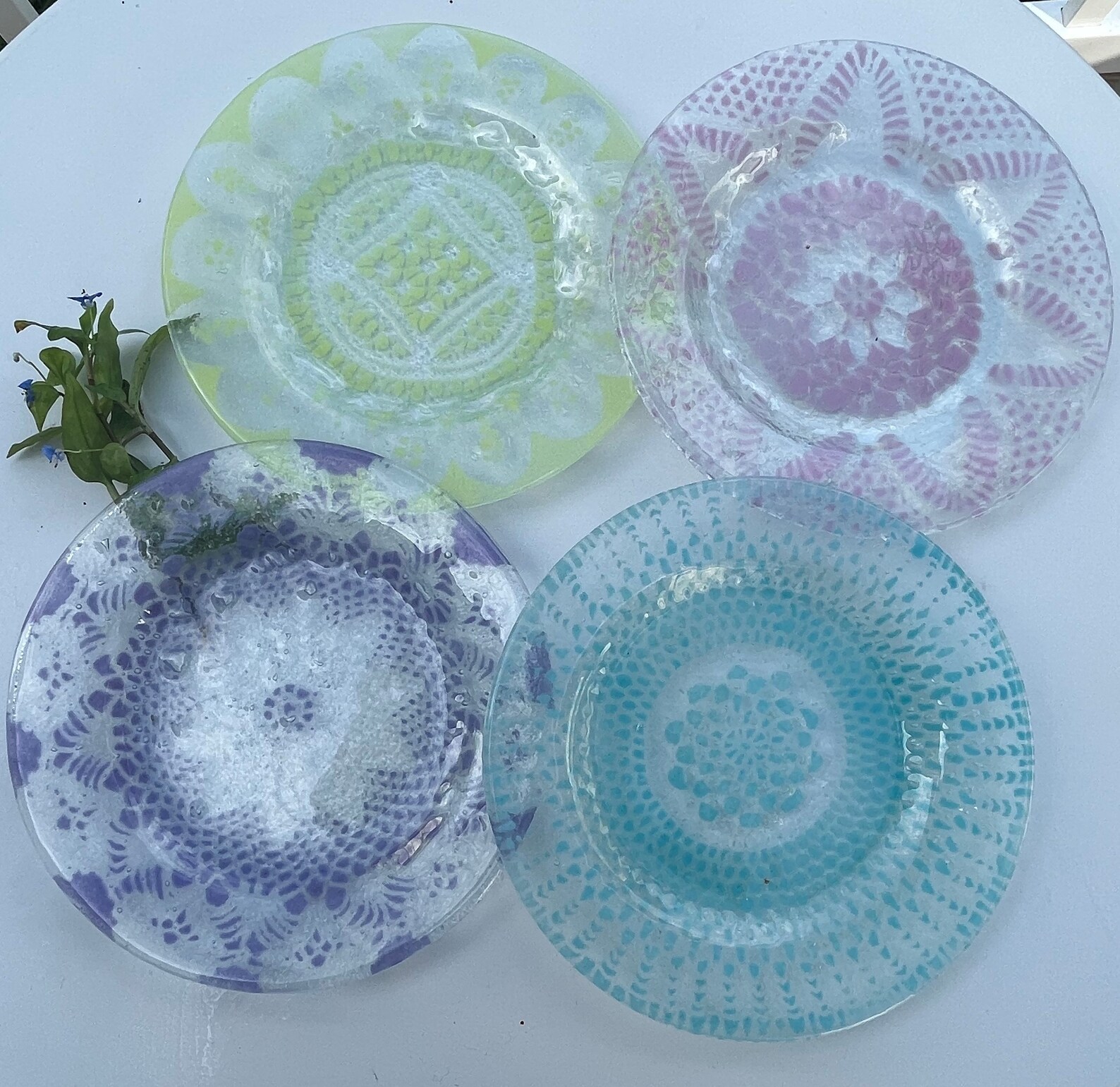Eclectic Pastel Dessert Plate Set, Fused Glass Dessert Plates, Glass
