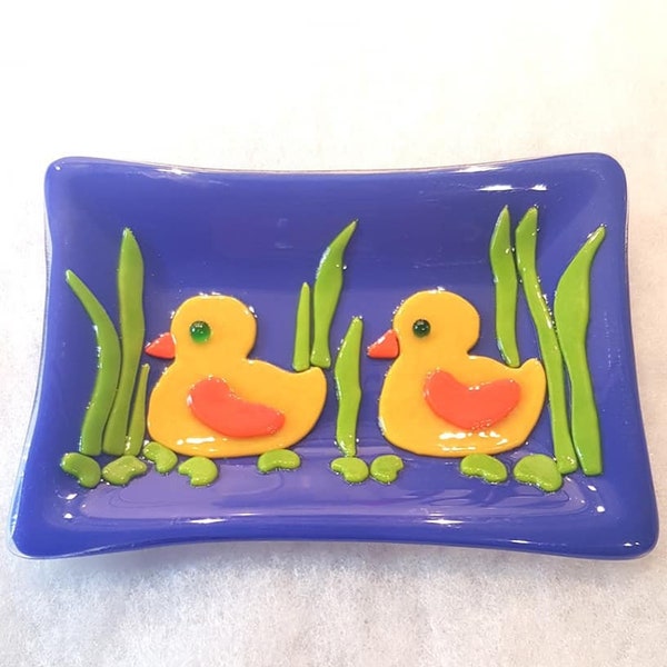 SOAP DISH GLASS Hand Cut Ducks Bathroom Dish Glass Art Bathroom Accessories Slumped Glass Dish For Soap Funky Soap Dish Glass Gift Duck Gift