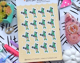 Spooky Sardine Fitness Gym Day Workout Weight Tracker Witch Fish Funny Tracker Hand Drawn Planner Sticker Sheet | Cute Cozy Stickers