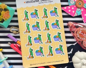 Housework Chores Laundry Cleaning Mopping Tracker Spooky Sardine Witch Fish Funny Hand Drawn Planner Sticker Sheet | Cute Cozy Stickers
