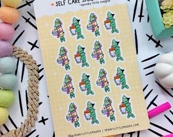 Spooky Sardine Self Care Spa Day Boba Relax Rest Day Off Witch Fish Funny Tracker Hand Drawn Planner Sticker Sheet | Cute Cozy Stickers
