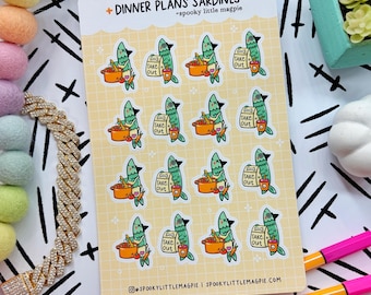 Spooky Sardine Witch Cooking Dinner Takeout Plans Tracker Fish Funny Tracker Hand Drawn Planner Sticker Sheet | Cute Cozy Stickers