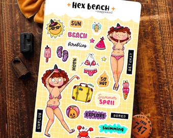 Hex Beach Witch Spooky Summer Halloween Hand Drawn Kawaii Planner Sticker Sheet | Cute Cozy Stickers