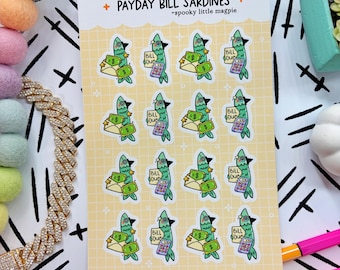 Spooky Sardine Bill Due Payday Tracker Witch Fish Funny Tracker Hand Drawn Planner Sticker Sheet | Cute Cozy Stickers