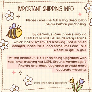 Puede incluir: Un fondo beige con el texto "IMPORTANT SHIPPING INFO" y texto adicional sobre las opciones de env&iacute;o. La imagen incluye una abeja de dibujos animados e ilustraciones de flores.