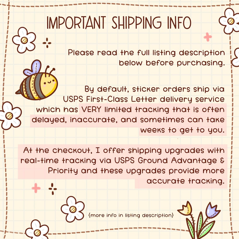 Puede incluir: Un fondo beige con el texto "IMPORTANT SHIPPING INFO" y texto adicional sobre las opciones de env&iacute;o. La imagen incluye una abeja de dibujos animados e ilustraciones de flores.