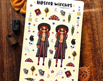 Hipster Witches Halloween Wizard Fall Autumn Hand Drawn Planner Sticker Sheet | Cute Cozy Stickers
