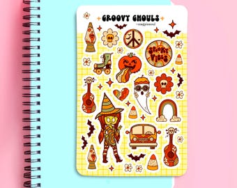 Hoja de pegatinas para agenda/diario con diseño de fantasmas zombis hippies y brujas, dibujadas a mano.