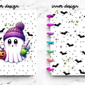 May include: Halloween-themed planner with a cute ghost character wearing a purple hat, holding a pumpkin bucket and a boba drink. The inner design features black bats on a white background. The planner has colorful binding rings.