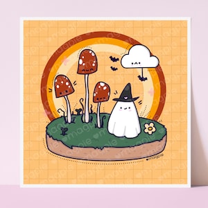 Mushroom Ghost Autumn Wall Art Print Illustration | Office Decor