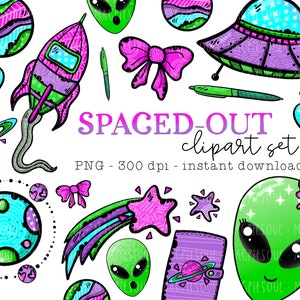 Spaced Out Alien Plans Shuttle UFO Bow Planet Shooting Star Heart Clipart Bundle | Cute Kawaii PNG for Planners Sticker | Commercial Use