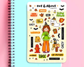 Out & About City Witch Spooky Cute Hand Drawn Journal and Planner Sticker Sheet | Cute Cozy Stickers