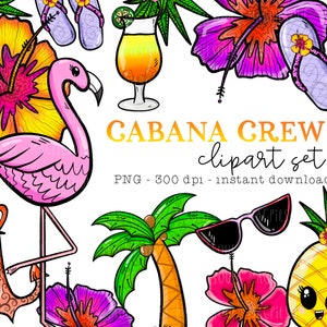 Cabana Crew Zomer Flamingo Ananas Vakantie Happy Hour Tropische Clipartbundel | Leuke kawaii-png-sticker voor planners | Commercieel gebruik