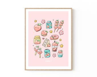 Peach Treats Kawaii Wall Art Print Illustration | Office Decor