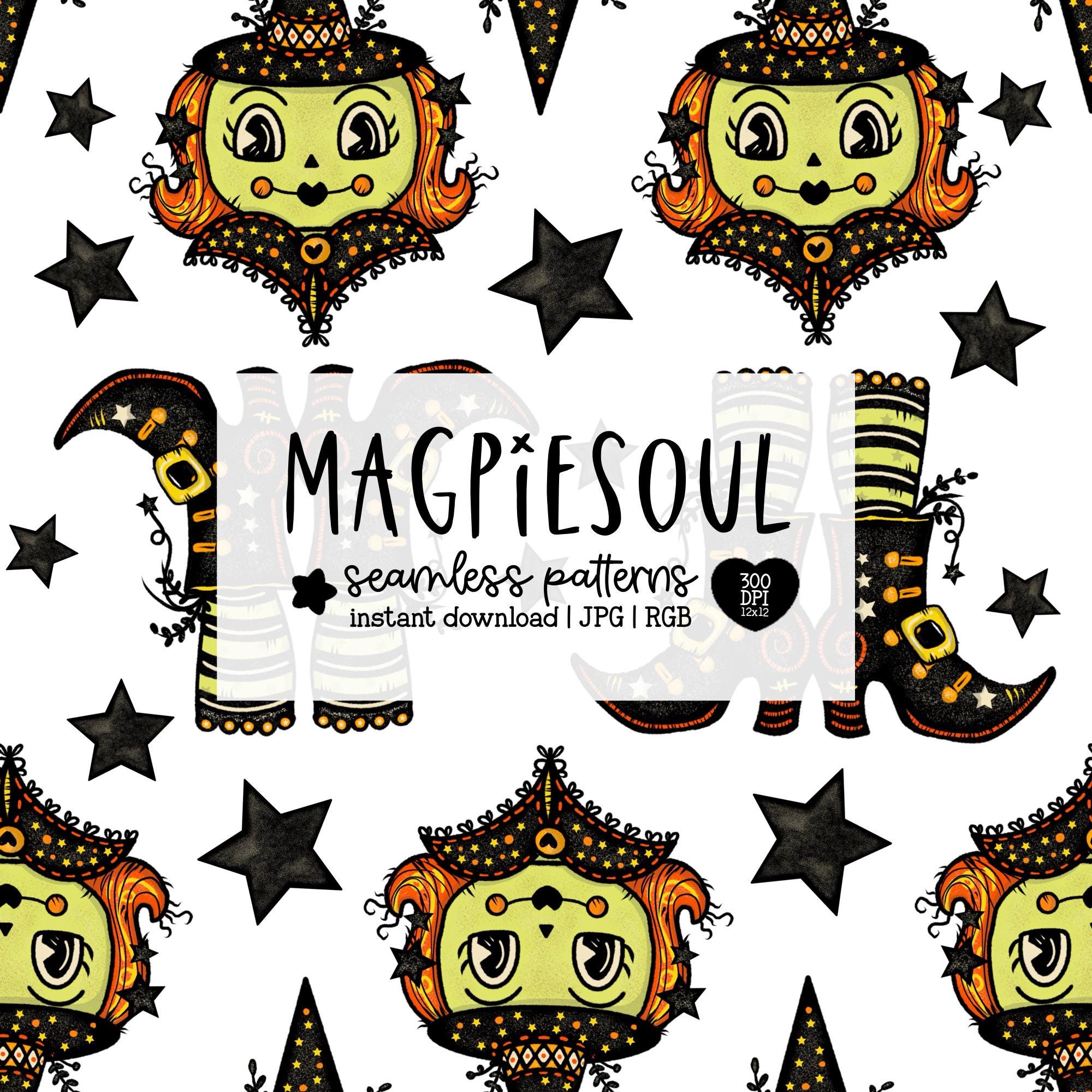 Vintage Halloween Witch Boot Shoes Spooky Star | Hand Drawn Seamless Repeating Pattern