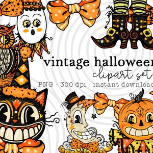 Paquete de imágenes prediseñadas de gato, calabaza, luna, búho, fantasma, estilo tradicional espeluznante de Halloween vintage / Lindo PNG kawaii para planificadores, pegatinas / Uso comercial