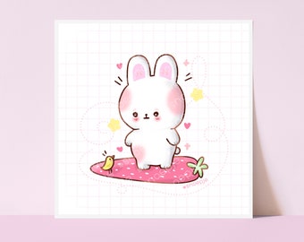 Bunny Chick Strawberry Kawaii Wall Art Print Illustration | Office Decor