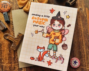 Fountain Pen Fairy Autumn Colorful Folded Blank Greeting Card | Handmade Folding Card | Creepy Cute Art By - MagpieSoul