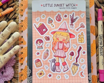 Little Sunset Witch Spooky Cottage Halloween Hand Drawn Kawaii Planner Sticker Sheet | Cute Cozy Stickers