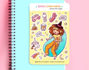 Sleepy Little Witch Spooky Cottage Halloween Hand Drawn Kawaii Planner Sticker Sheet | Cute Cozy Stickers