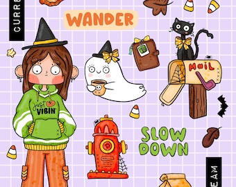 Op pad in de herfst: Heksen, geesten, herfst, griezelige planner, dagboek, printbare stickers | Clipart PNG-bestanden | Digitale sticker