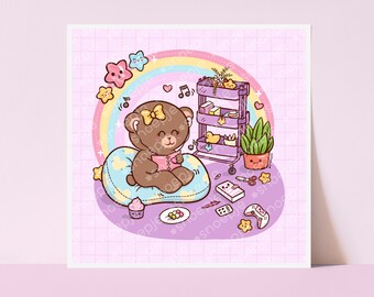 Planner Gamer Bear Girl Wall Art Print Illustration | Office Decor