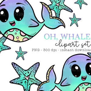 Oh, balena! Pesce oceano stella marina blu sfumato estate primavera colorato pesce clipart bundle / carino kawaii PNG per planner adesivo / uso commerciale