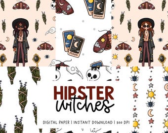 Hipster Heksen Spooky Schattige Tovenaar Digitale Patroonpapieren
