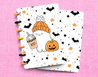 Fall Beanie Ghost Pumpkin Laminated Discbound Planner Cover | Fits Happy Planner | Ring Agenda Dashboard