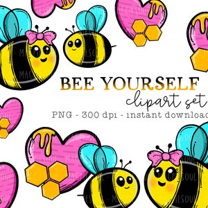 Bee Clipart Bundle: Kawaii Honey Bee, Hearts (PNG Digital Download)