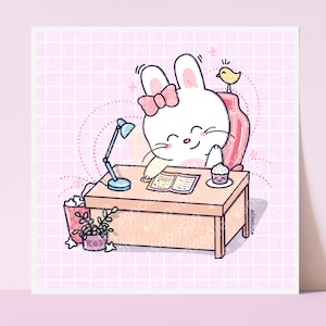 Pastel Desk Bunny Wall Art Print Illustration | Office Decor