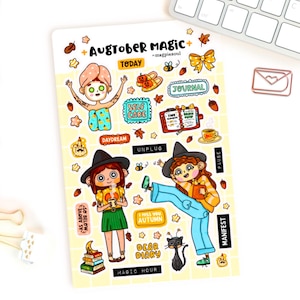 May include: A sticker sheet titled Augtober Magic by magpiesoul featuring illustrations of people in witch hats, a person in a towel with a face mask, a black cat, pumpkins, autumn leaves, books, and text labels like Self Care and Manifest.